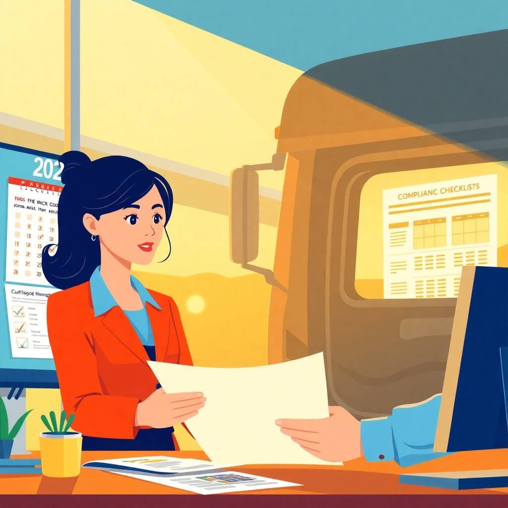 IFTA IRP BOC 3 Support illustrated with a compliance checklist being reviewed in an office setting.
