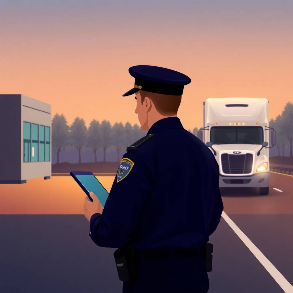 Carrier vs Broker Compliance Differences illustrated by a DOT officer using a tablet as a white semi-truck approaches a weigh station