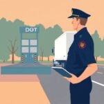 Carrier vs Broker Compliance Differences illustrated by a DOT officer with a tablet overseeing a semi-truck at a weigh station