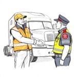 Carrier vs Broker Compliance Differences illustrated in a sketch of a truck driver and DOT officer shaking hands in front of a semi-truck
