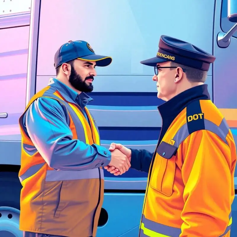 Carrier vs Broker Compliance Differences illustrated by a truck driver and DOT officer shaking hands beside a semi-truck