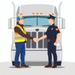 Carrier vs Broker Compliance Differences shown as a truck driver and DOT officer shake hands in front of a semi-truck