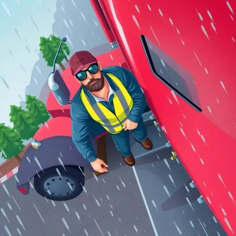 Carrier vs Broker Compliance Differences visualized by a truck driver standing beside a red semi-truck in the rain