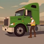 Carrier vs Broker Compliance Differences shown by a truck driver inspecting a green semi-truck.