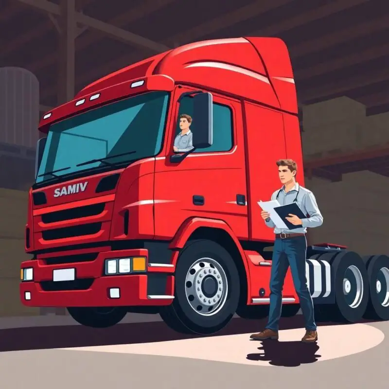 Carrier vs Broker Compliance Differences shown through a truck driver inspecting a red semi-truck while a company representative reviews documents