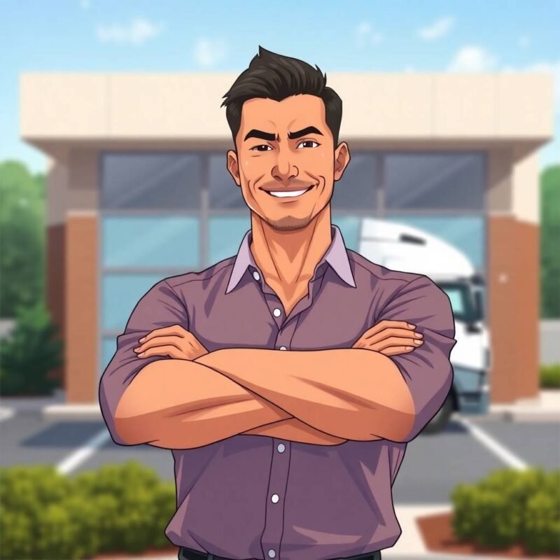 Carrier vs Broker Compliance Differences illustrated by a confident trucking company owner standing in front of an office and white semi-truck