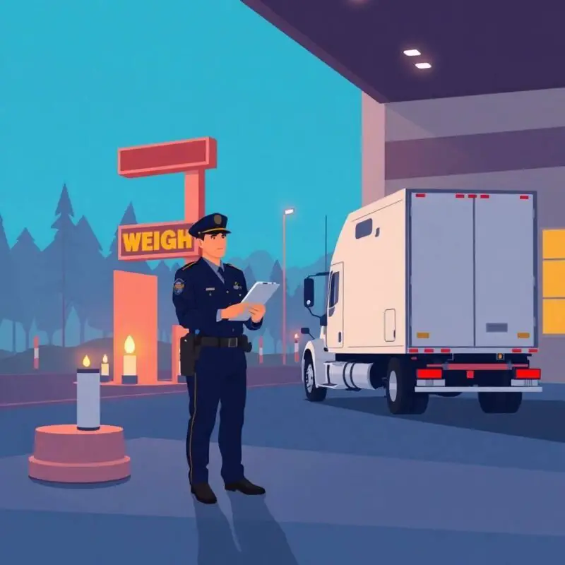 Carrier vs Broker Compliance Differences illustrated by a DOT officer inspecting a semi-truck at a weigh station at dusk