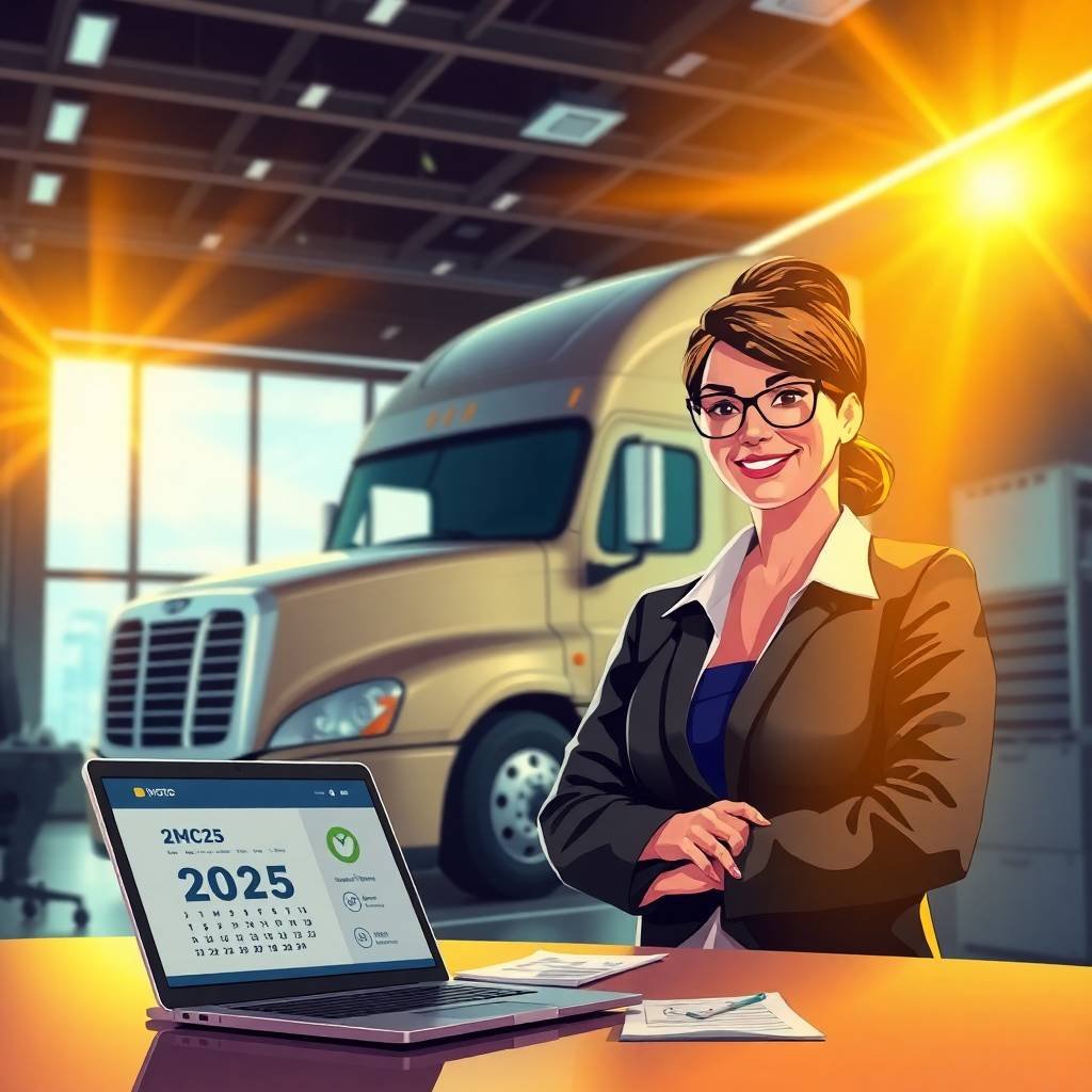 Confident professional overseeing IFTA IRP BOC 3 Support with a compliance calendar and semi-truck.
