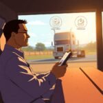 Truck driver calmly reviewing documents to avoid FMCSA Compliance Mistakes at a rest stop