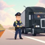 A DOT officer stands beside a black semi-truck on a highway conducting a roadside inspection related to FMCSA Compliance for Non-CDL Drivers