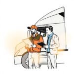 Truck driver and fleet manager standing by a semi-truck reviewing FMCSA Compliance for Non-CDL Drivers documentation on clipboards