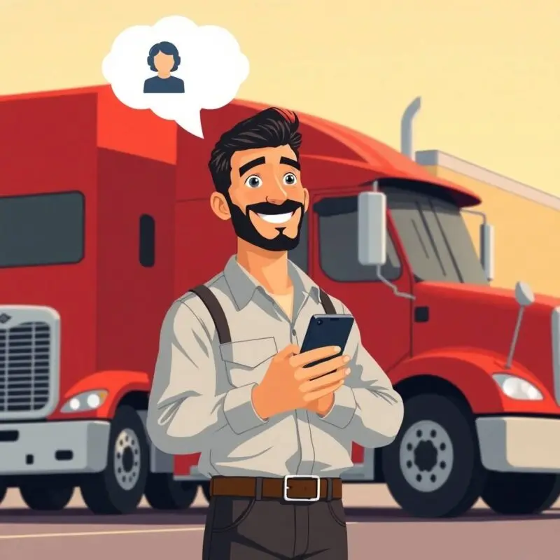 Cheerful truck driver smiles while using a smartphone near a red semi-truck, symbolizing FMCSA Compliance for Non-CDL Drivers