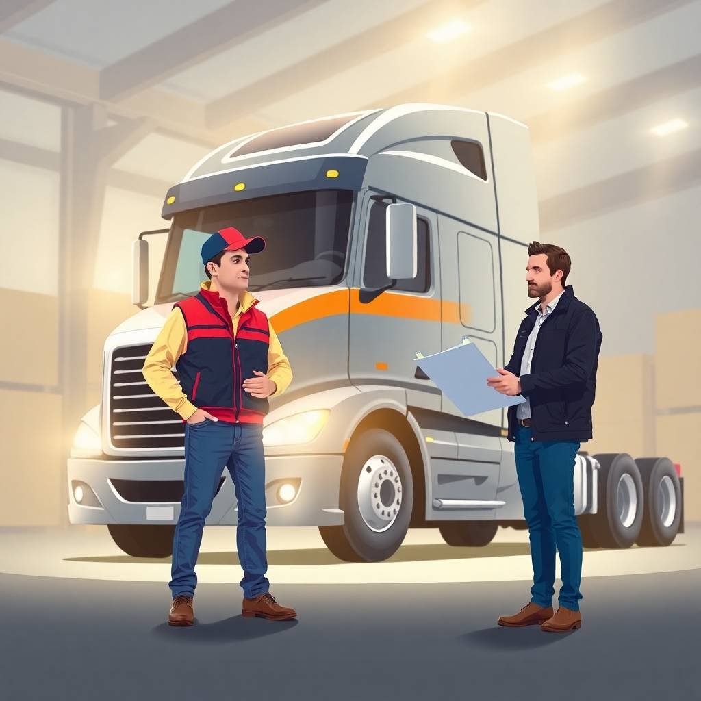 Fleet manager and truck driver review checklist for FMCSA Compliance for Non-CDL Drivers beside a grey semi-truck.