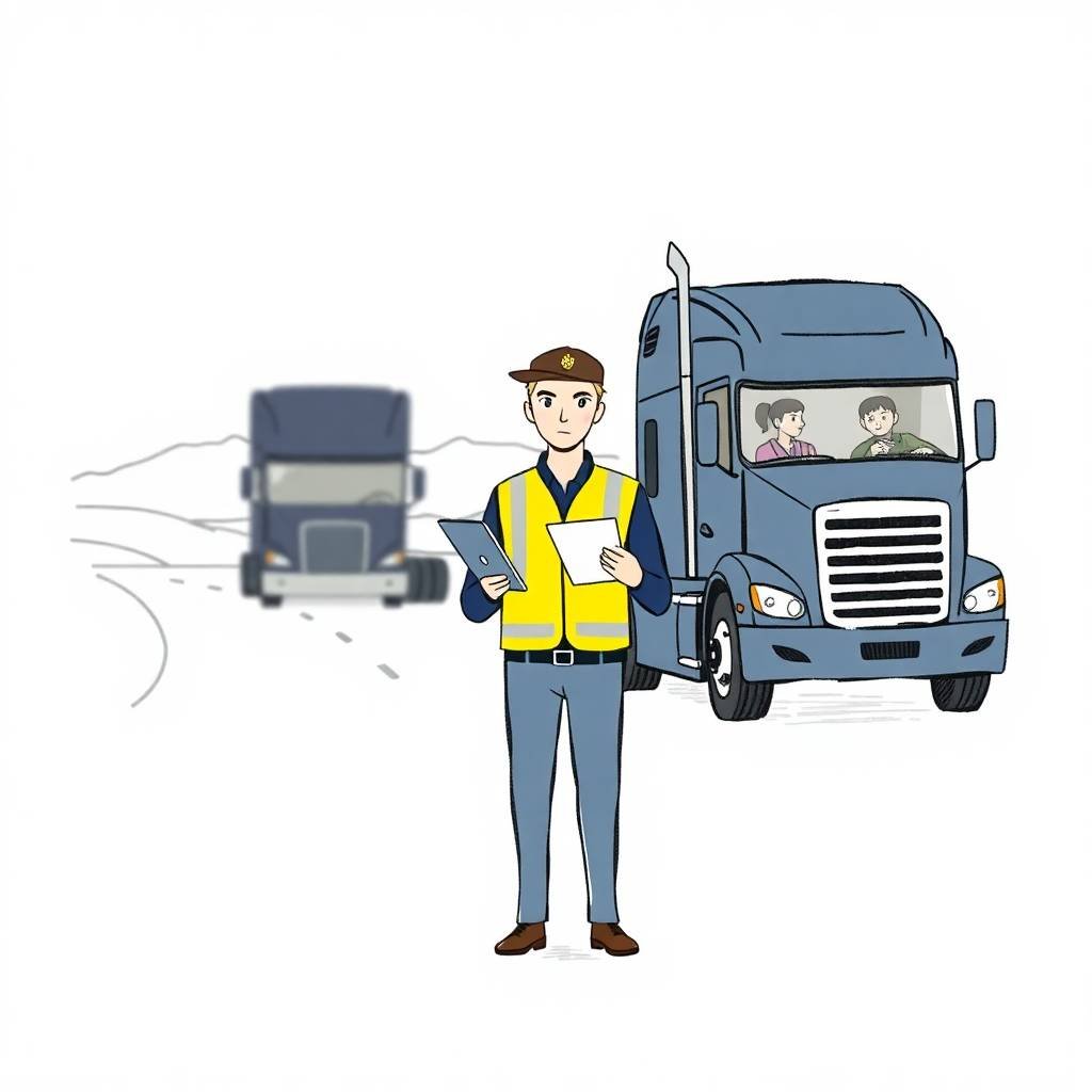 Hand-drawn DOT officer in safety vest with clipboard inspects truck for FMCSA Compliance for Non-CDL Drivers