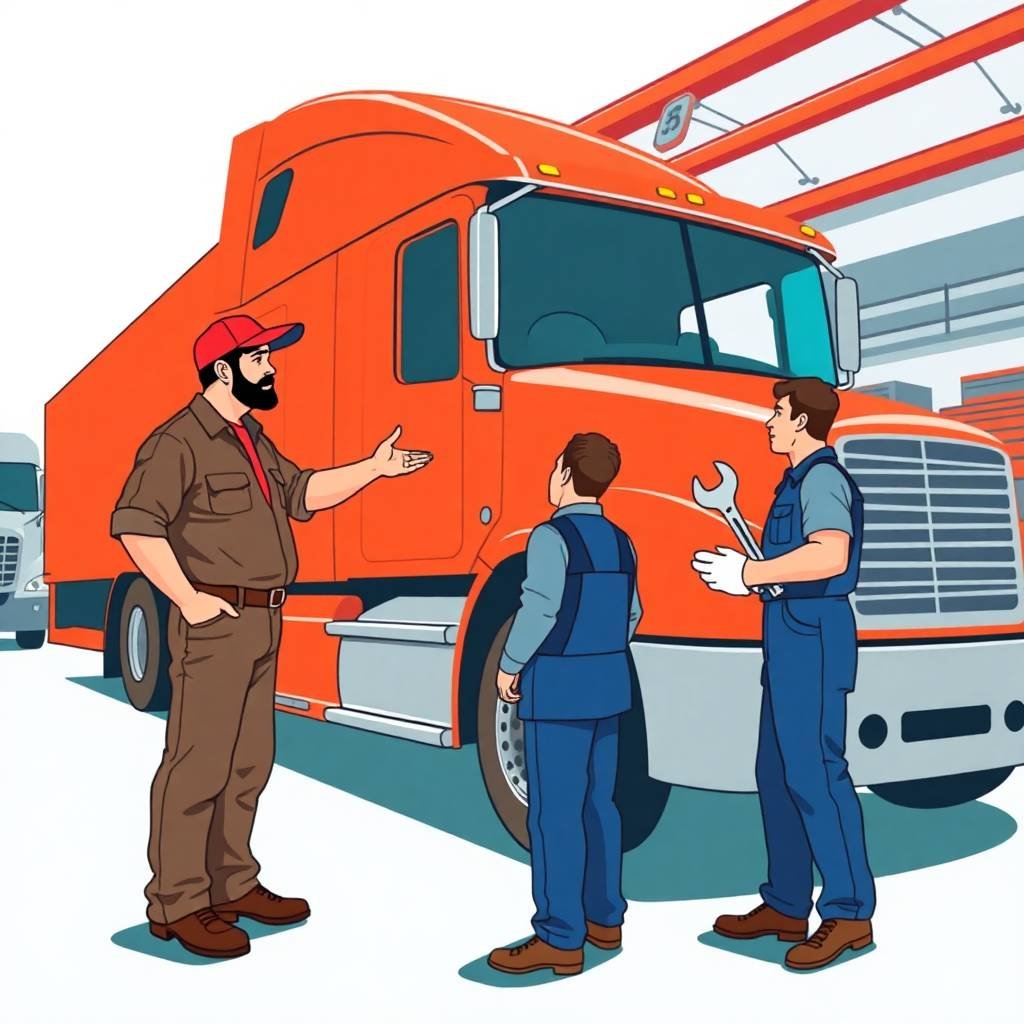 Truck driver and mechanics discussing FMCSA Compliance for Non-CDL Drivers next to a red semi-truck.