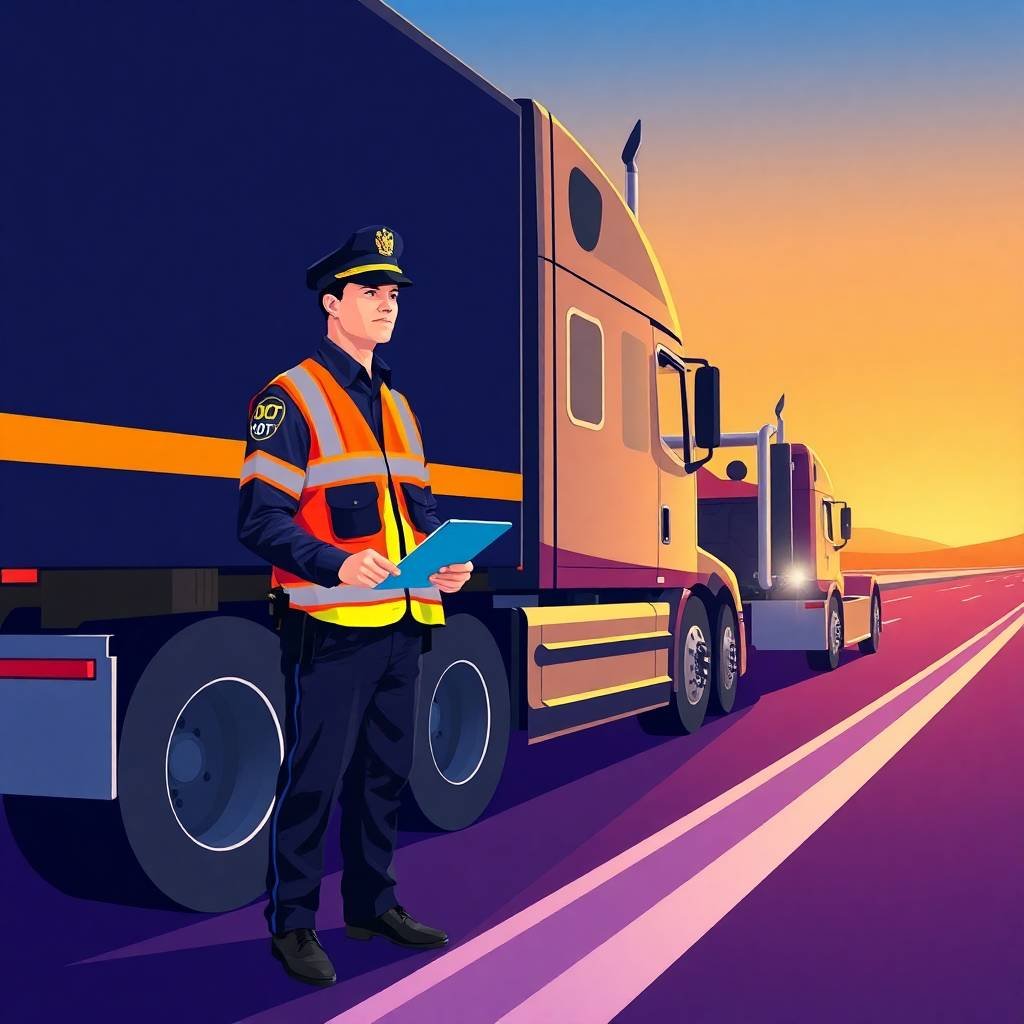 DOT officer conducts roadside inspection for FMCSA Compliance for Non-CDL Drivers near a semi-truck at sunset