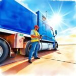 A truck driver in a safety vest and red cap fuels a large blue semi-truck under bright sunlight, representing FMCSA Compliance for Non-CDL Drivers
