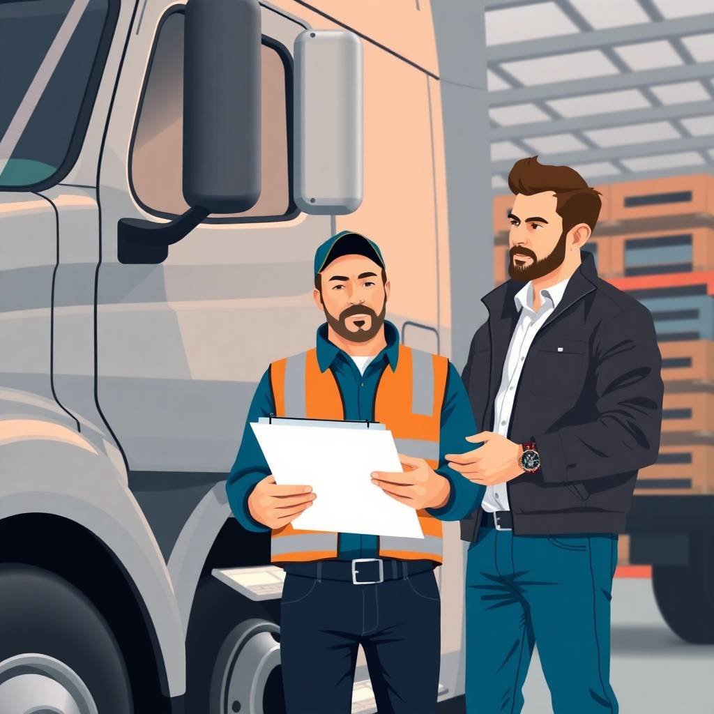 Truck driver and fleet manager reviewing documents related to FMCSA Compliance for Non-CDL Drivers beside a grey semi-truck