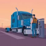A truck driver wearing a vest and gloves fuels a large blue semi-truck at a truck stop, illustrating FMCSA Compliance for Non-CDL Drivers