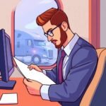 A trucking company owner in formal business attire reviews documents at a desk, with a semi-truck visible through the window, representing FMCSA Compliance for Non-CDL Drivers