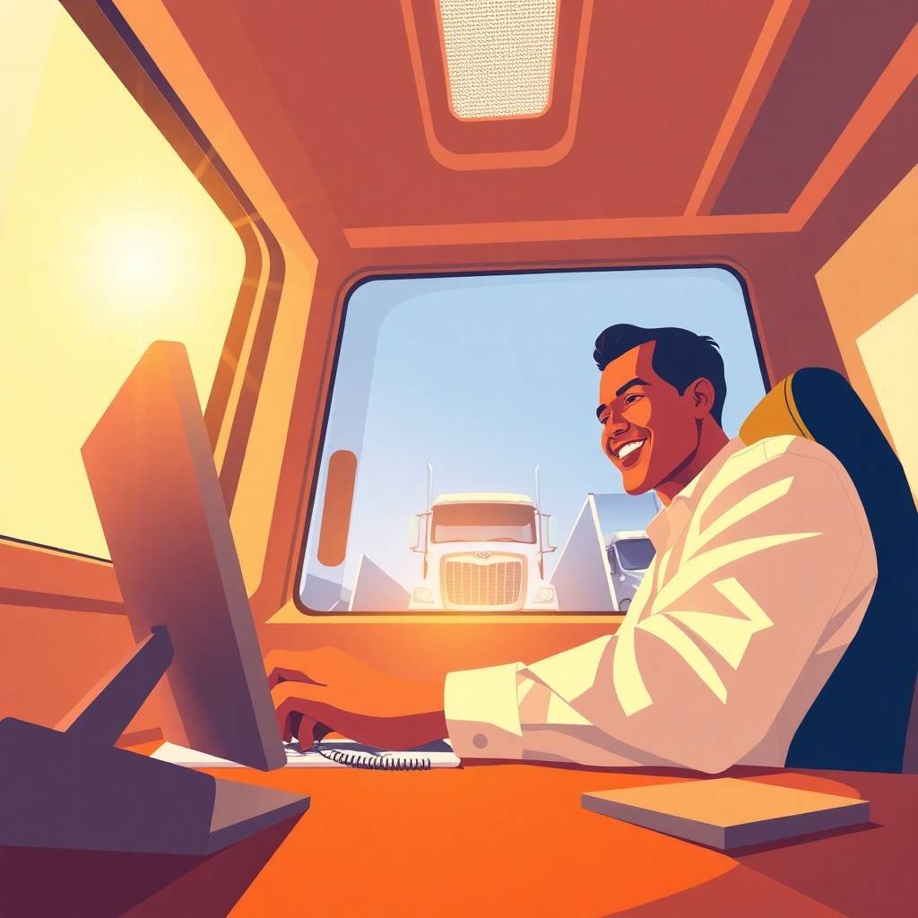 Smiling trucking company owner at desk with computer, managing FMCSA Compliance for Non-CDL Drivers.