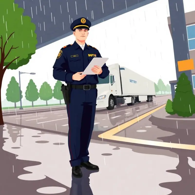 DOT officer holding a clipboard in the rain near a weigh station and semi-truck, illustrating FMCSA Insurance Requirements for New Carriers