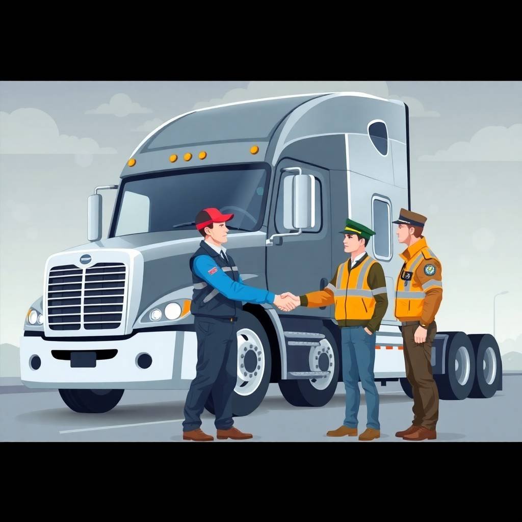 Truck driver and DOT officer shake hands in front of a semi-truck, symbolizing compliance with FMCSA Insurance Requirements for New Carriers