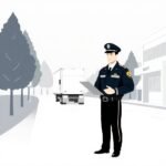 FMCSA Insurance Requirements for New Carriers illustrated by a DOT officer inspecting a truck with a tablet.