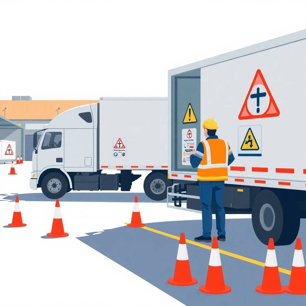 Driver and safety officer conduct hazmat compliance training beside a marked truck, illustrating FMCSA Insurance Requirements for New Carriers
