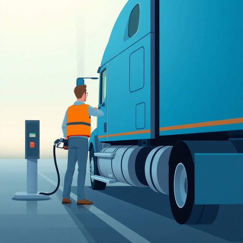 Truck driver fueling a large blue semi-truck at a foggy truck stop, representing FMCSA Insurance Requirements for New Carriers
