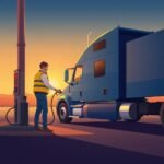 FMCSA Insurance Requirements for New Carriers shown through a truck driver fueling a semi-truck at sunset.