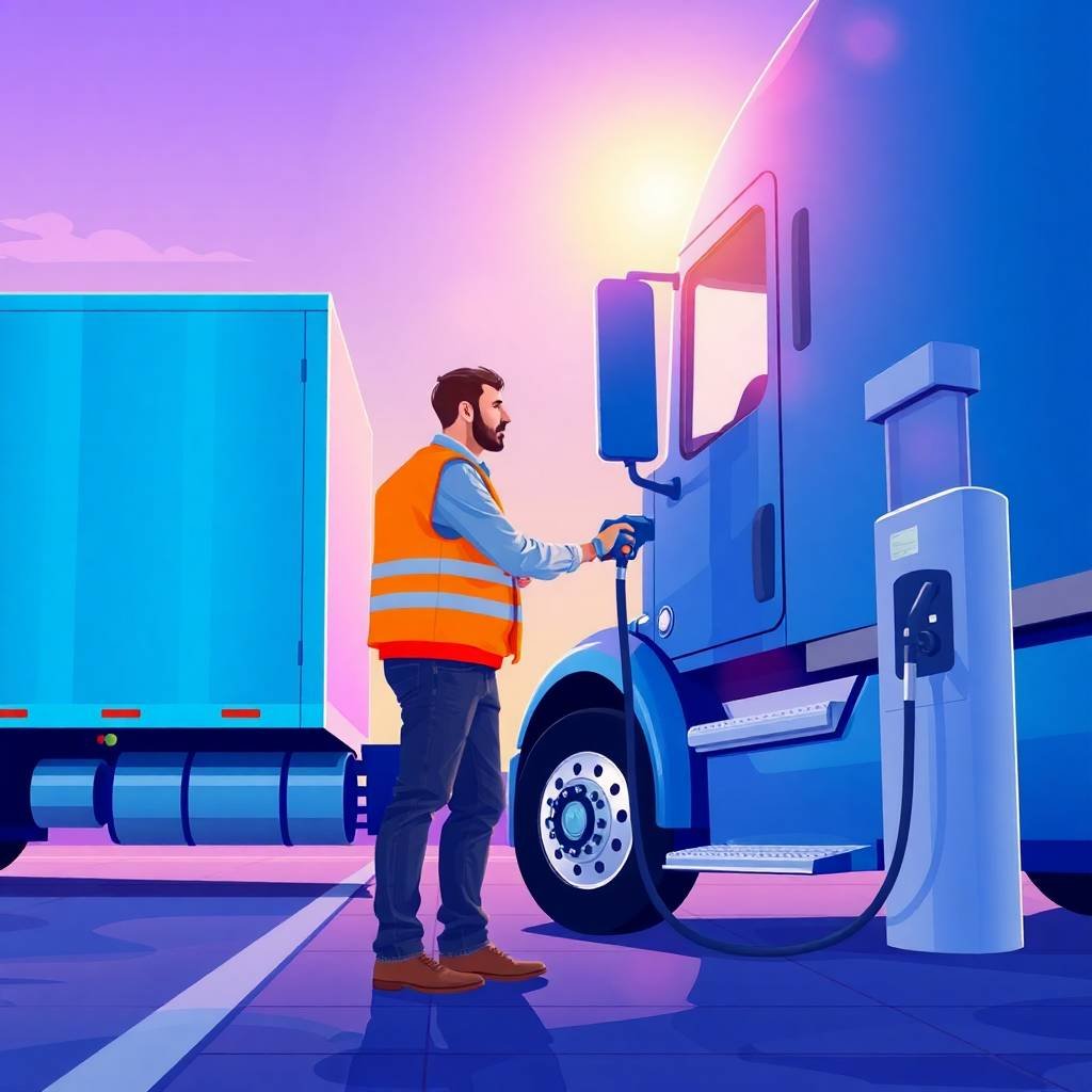 Truck driver fueling a large blue semi-truck at sunset, representing FMCSA Insurance Requirements for New Carriers