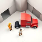 FMCSA Insurance Requirements for New Carriers depicted through a top-down view of a red semi-truck being inspected by a truck driver and company owner