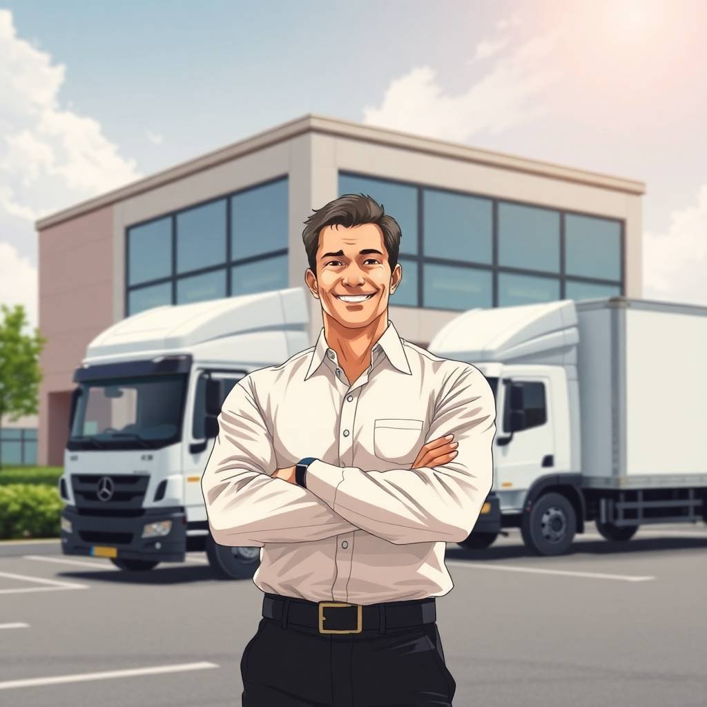 Confident trucking company owner standing in front of office and trucks, representing FMCSA Insurance Requirements for New Carriers.