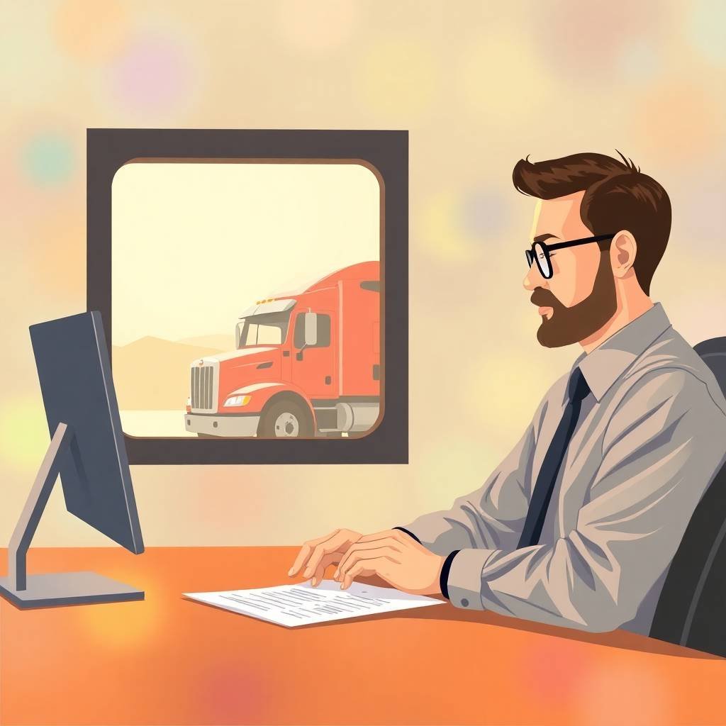 Trucking company owner reviewing paperwork at his desk, illustrating FMCSA Insurance Requirements for New Carriers
