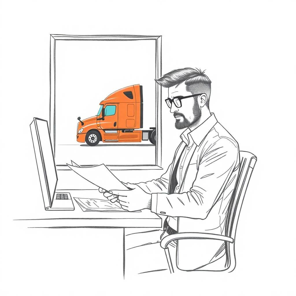 Hand-drawn sketch of a trucking company owner at a desk reviewing paperwork with an orange semi-truck outside the window, representing FMCSA Insurance Requirements for New Carriers.