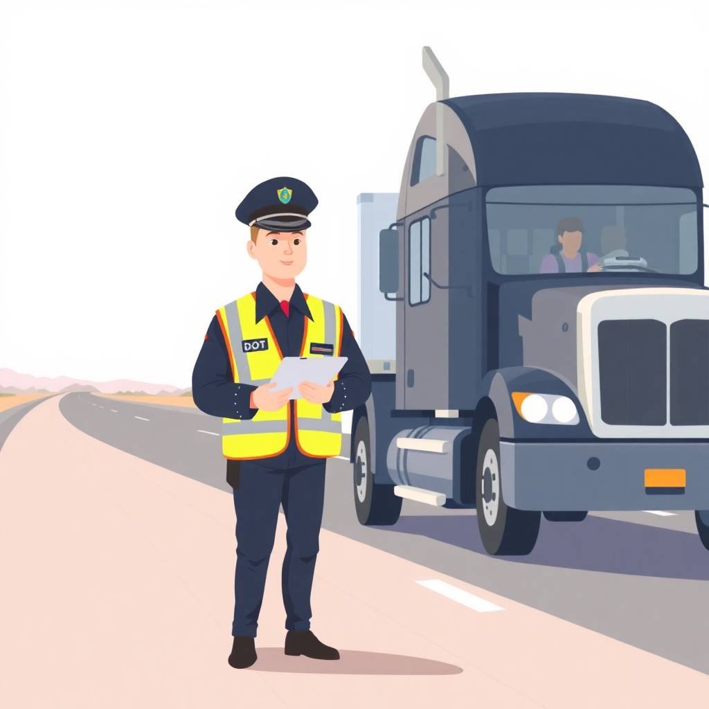 DOT officer inspects a semi-truck on a highway, illustrating How to Appeal a DOT Audit Failure