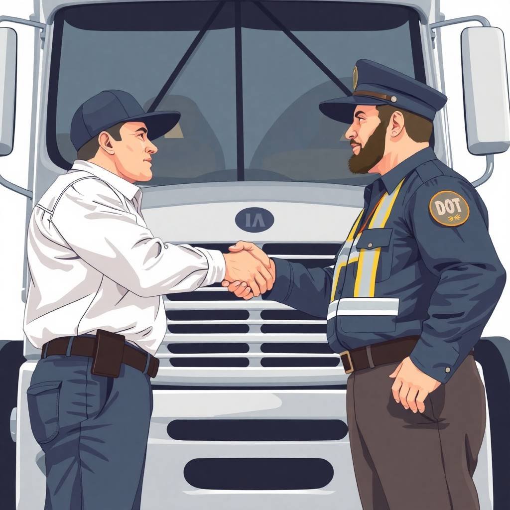 Truck driver and DOT officer shaking hands in front of a semi-truck, symbolizing successful resolution in How to Appeal a DOT Audit Failure.