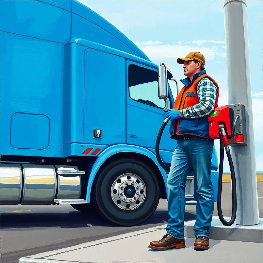 Truck driver fueling a blue semi-truck at a truck stop, illustrating operational diligence related to How to Appeal a DOT Audit Failure