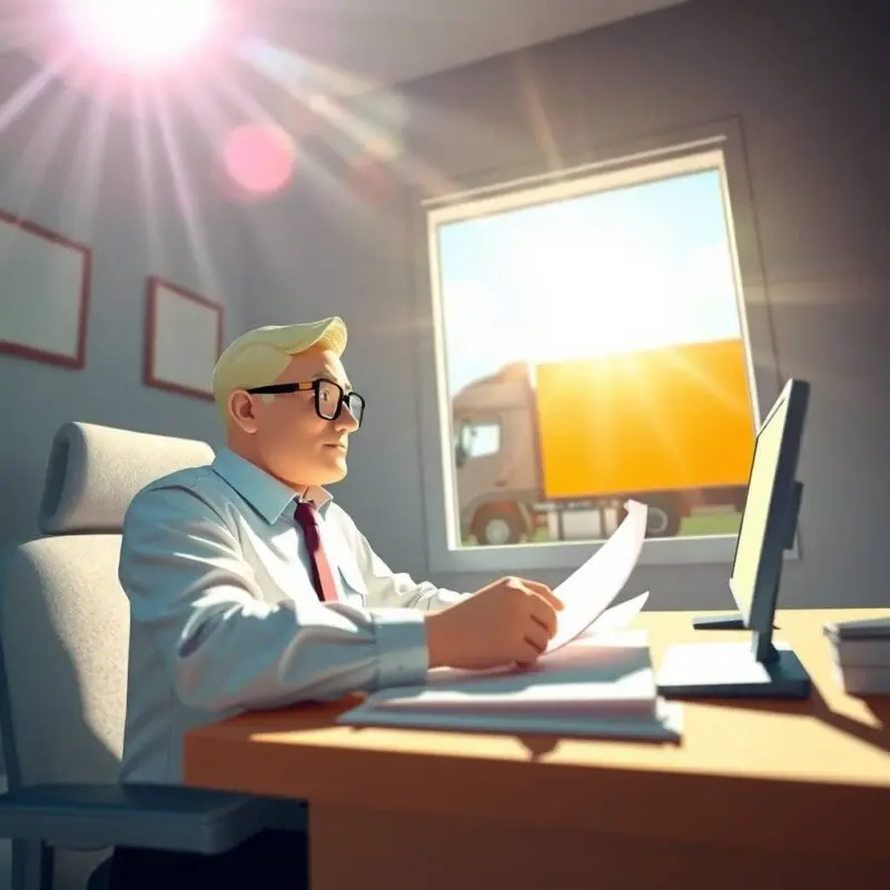Illustration of a trucking company owner at a desk reviewing documents, relating to How to Appeal a DOT Audit Failure