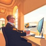 Trucking company executive reviewing documents in a luxury office with a truck outside, related to How to Appeal a DOT Audit Failure