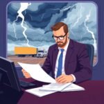 Trucking company owner reviewing paperwork as a storm brews outside, symbolizing the stress of How to Appeal a DOT Audit Failure.