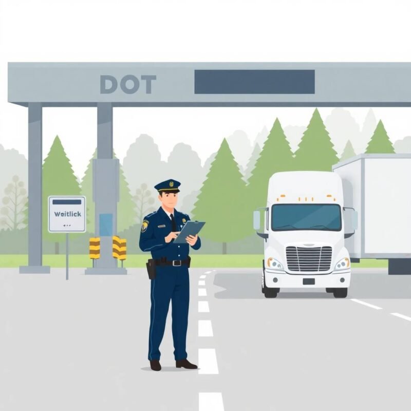 How to Maintain DOT Medical Certificate Compliance with a DOT officer inspecting a white semi-truck at a weigh station