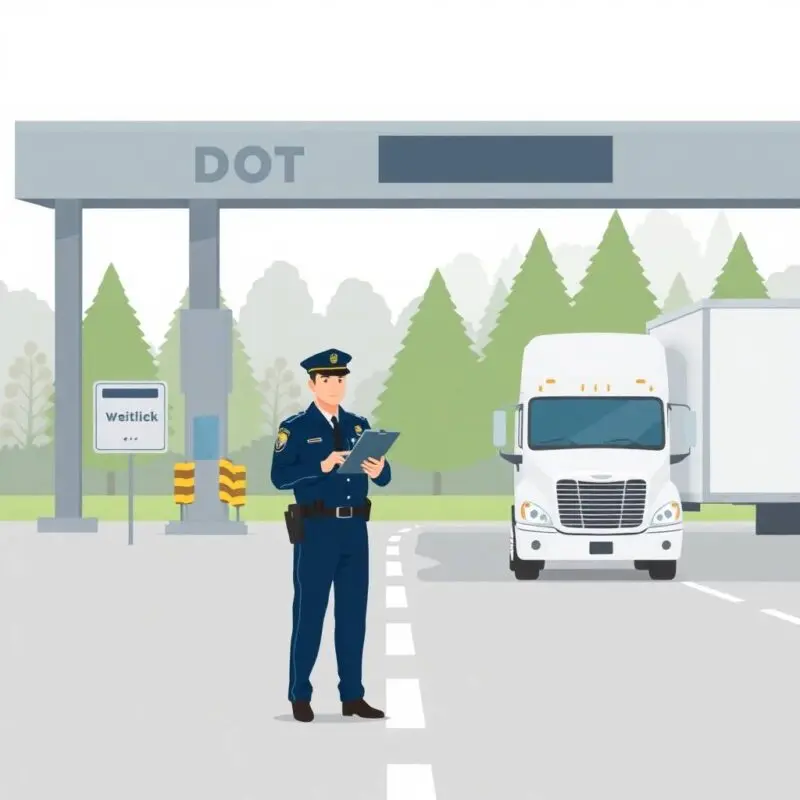 How to Maintain DOT Medical Certificate Compliance with a DOT officer inspecting a white semi-truck at a weigh station