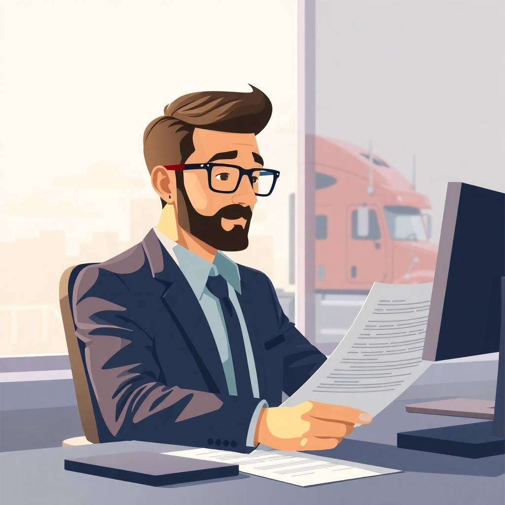 How to Prepare for a Compliance Review illustration of a trucking company owner reviewing documents at their desk.