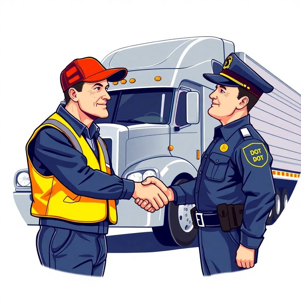 How to Prepare for a Compliance Review showing a truck driver shaking hands with a DOT officer in front of a semi-truck