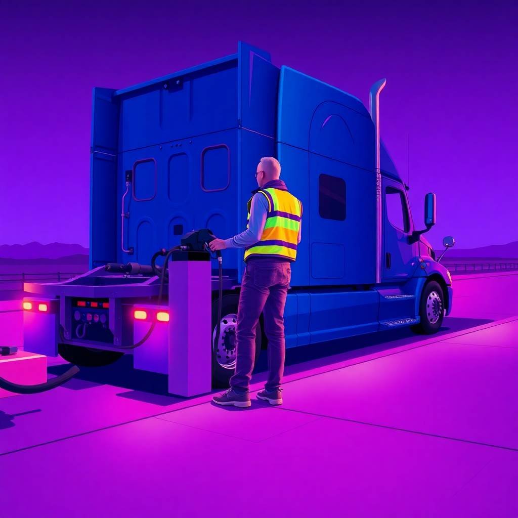 How to Prepare for a Compliance Review with a truck driver fueling a blue semi-truck at a truck stop at dusk.