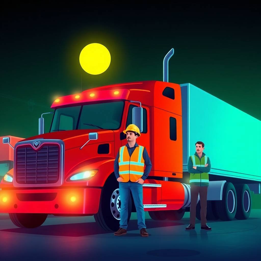 How to Prepare for a Compliance Review illustration showing a truck driver and company owner beside a red semi-truck in a fleet yard at night