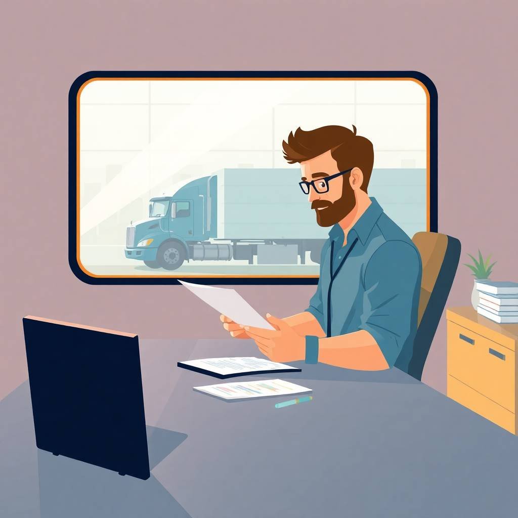 How to Prepare for a Compliance Review with a trucking company owner reviewing paperwork in a modern office setting.