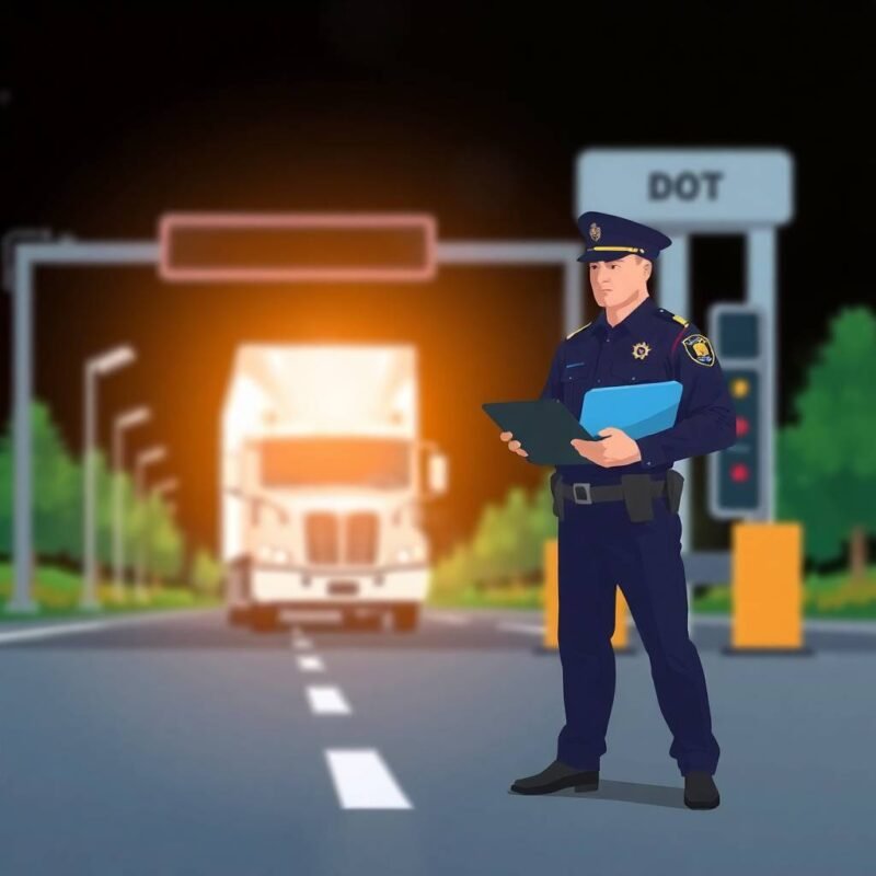 Understanding ELD Exemptions for Truckers illustrated by a DOT officer inspecting a truck at a night weigh station with dramatic lighting